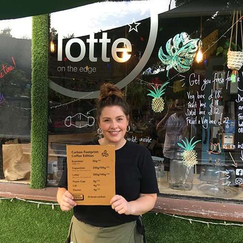 A woman standing in front of Lotte cafe in Sheffield, UK