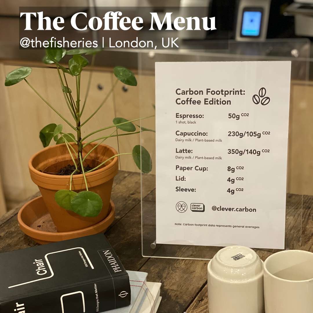 The Clever Carbon coffee menu at the Fisheries co-working space in London, UK